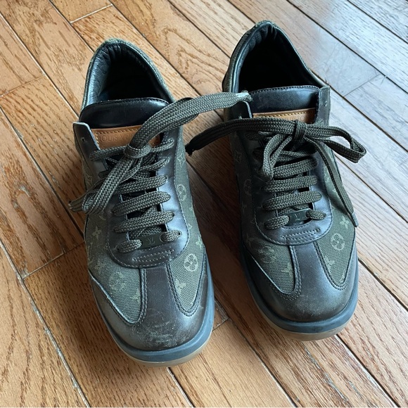 Louis Vuitton Mini Lin Monogram Sneakers Shoes Size 36 Olive Green Box Dust Bags - Picture 1 of 13